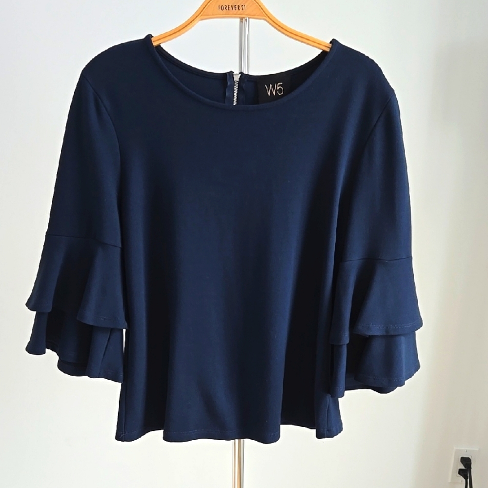 Navy Blue Ruffle Sleeve Top